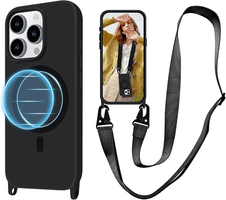 for iPhone 15 Pro Max Case with Lanyard [Compatible with MagSafe], Crossbody Phone Case with Neck Strap Adjustable, Magnetic Phone Cover for iPhone 15 Pro Max 6.7'' Black