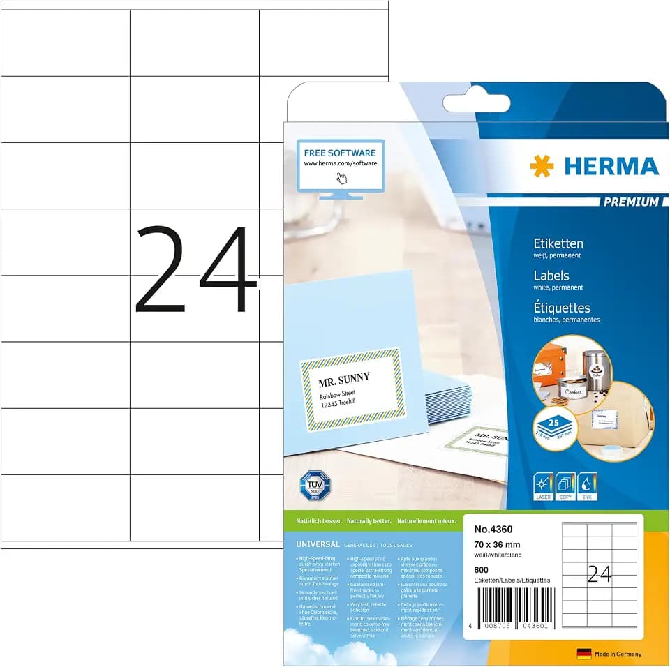 HERMA 4360 Adressetiketten, 800 Blatt, 70 x 36 mm, 24 pro A4 Bogen, 19200 Stück, selbstklebend, bedruckbar, matt, blanko Papier Adressaufkleber Etiketten, weiß