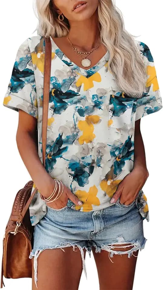 ATHMILE Womens T Shirts Short Sleeve V Neck Summer Tops Basic Tees