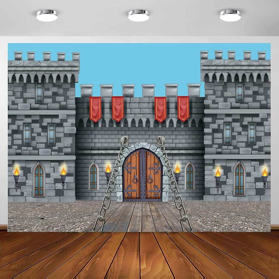 Medieval Castle Backdrop 7 x 5 ft, Knight Castle Party Decoration Banner with Medieval Arches Entrance Door Stone Wall Background Polyester for Kids Boys Birthday Party Photo Props Supplies
