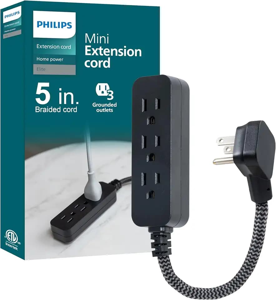 Philips 3-Outlet Grounded Mini Extension Cord, 5 Inch Indoor Extension Cord