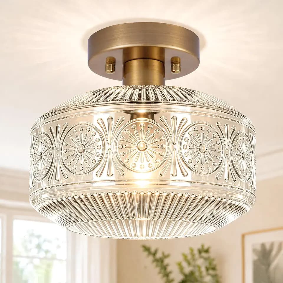 DSMJFU Semi Flush Mount Ceiling Light, Brass Thick Glass Fixture