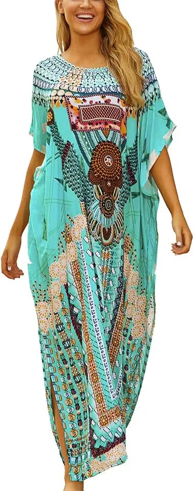 Damen Sommer Bohemian Lang Kaftan Ethnisches Muster Maxikleid Beach Bikini Cover Ups Sunblocke