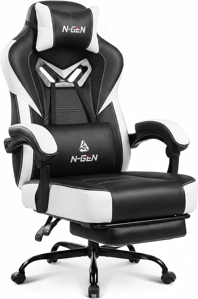 N-GEN GAMING Big & Tall Gaming Chair with Footrest, Lumbar Support, White