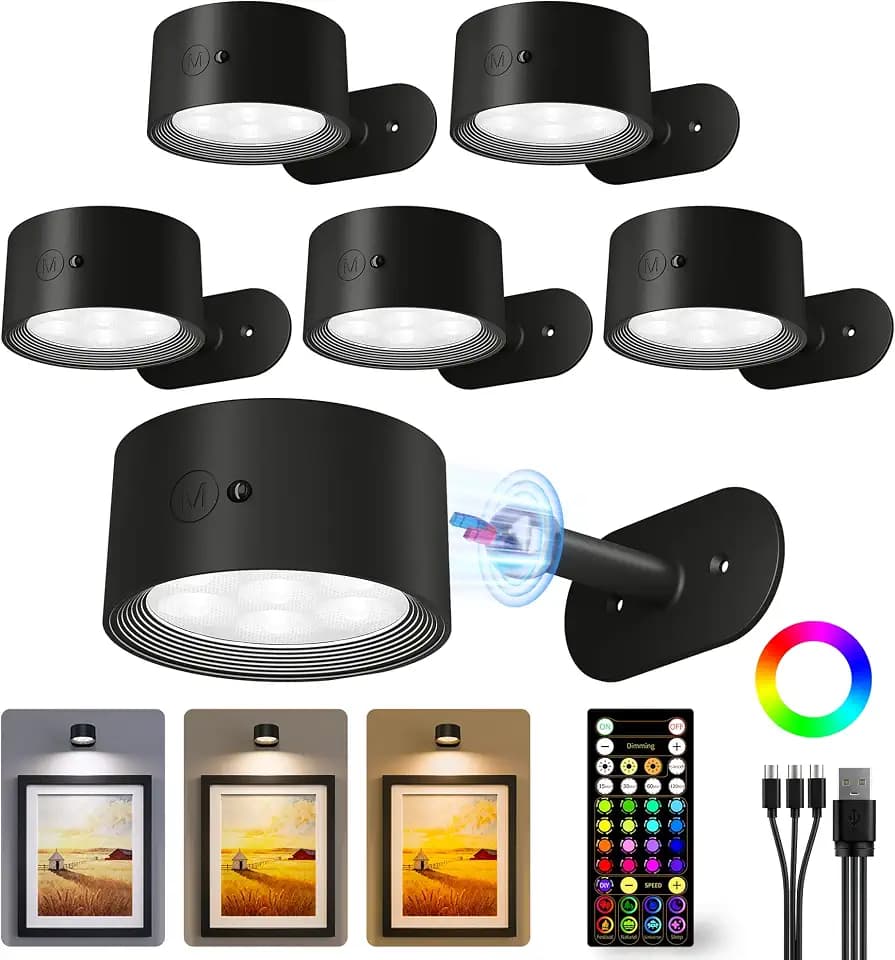 Picture Lights for Wall, 6 Pack Rechargeable Magnetic with Remote (Black)