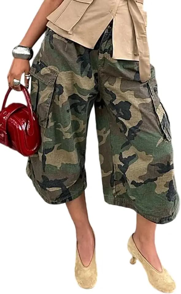 Unybwonn Women Baggy Cargo Jeans Camo Wide Leg Harem Capri Denim Pants