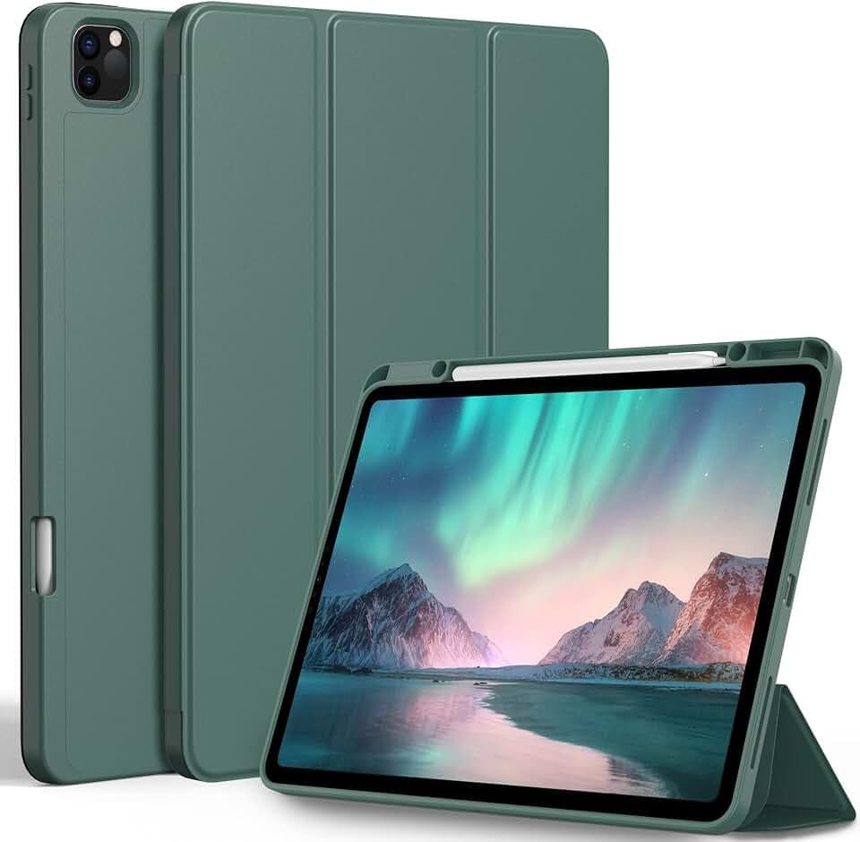 EasyAcc Hülle für iPad Pro 12,9" 6/5/4/3 mit Stifthalter | Für 2022/2021/2020/2018 Model, TPU Rückseite mit Standfunktion,Auto Schlafen/Wachen,Nachtgrün
