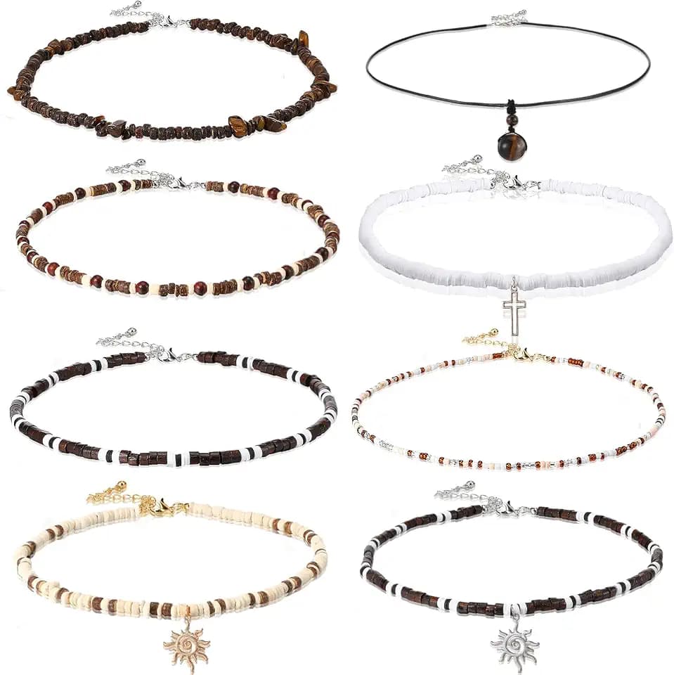 Liliaafar 8 Pcs Puka Shell Necklace for Men Surfer Beach Necklace with Hawaiian Beaded Coconut Conch Seashell Designs Summer Accessory Christmas Gifts Dad Son Husband Stocking Stuffers for Men