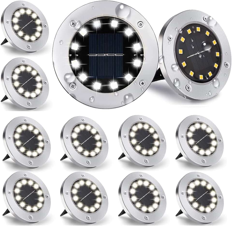 [12 Stücke] Solar Bodenleuchte Aussen, 12 LEDs Solarleuchten 800mAh Disk Lights Mit Upgrade Solarpanel Gartenleuchte Solarlampe Solar Strahler Deko für Rasen,Gehweg,Pool,Terrassen(KaltWeiß)