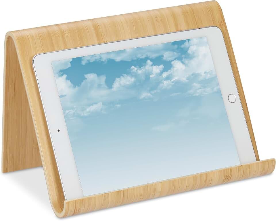Relaxdays Tablet Ständer, Holz, Schreibtisch, Küche, Bett, Leseständer, modernes Design, Buch-Halter, Kochbuch, natur, 1 Stück