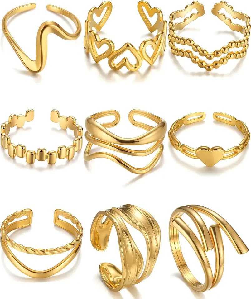 BETTY&SARAH 9PCS Gold Rings for Women Non Tarnish, 18K Gold Plated Chunky Adjustable Stackable Rings, Open Stacking Knuckle Ring Set Gifts