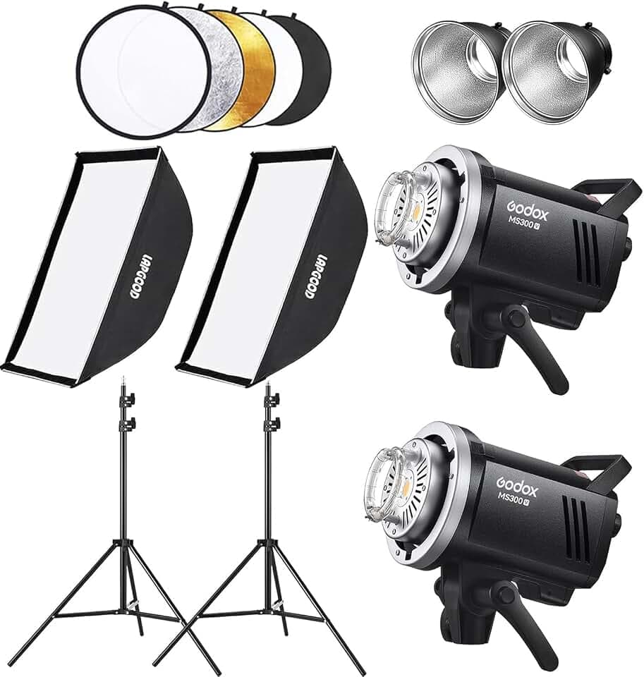 Godox MS300V Studio Flash kit with 2 Softbox, 2 Light Stands, 2 Reflectors