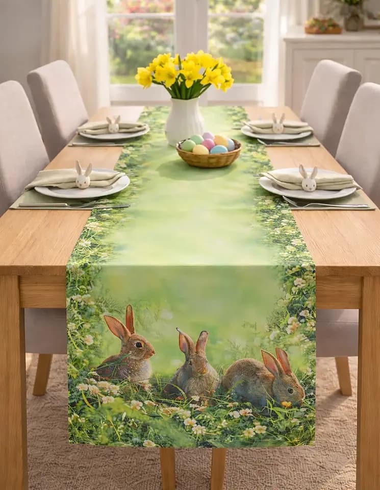 KAMACA Tischläufer Ostern & Frühling – 40x140 cm – Motiv Hasen Trio – Bunter Oster-Tischläufer waschbar & abwaschbar – Dekorative Tischwäsche für Küche & Wohnzimmer