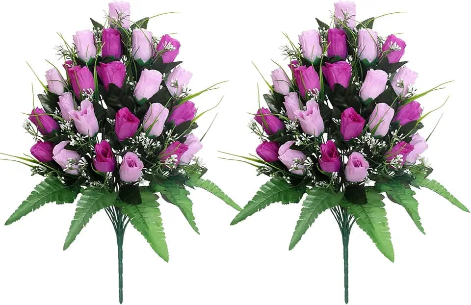 Artificial Cemetery Flowers - 2 Pack Silk Floral Displays for Headstone Decor, Weatherproof Memorial Rose Bouquets for Outdoor Gravesite Decor (Purple)