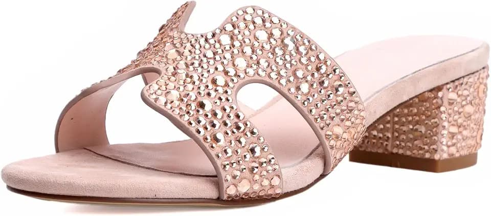 XOBZJH Evening Dress Shoes Rhinestone Black Block Heeled Sandals for Women 2025,Designer Luxury Crystals Slides H Sandals for Wedding Party Footwear