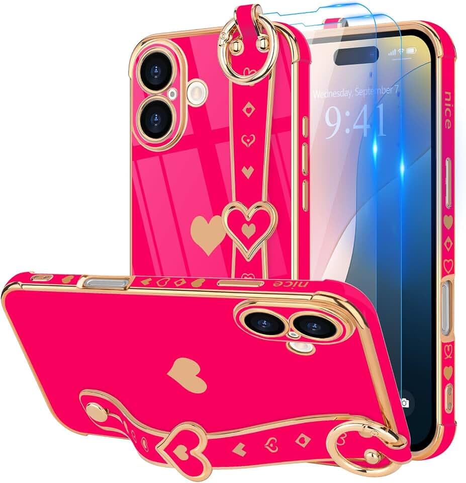 LLZ.COQUE for iPhone 16 Case with Strap Stand, Hot Pink