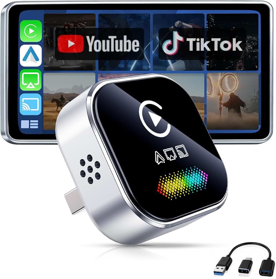 Wireless CarPlay Adapter for iPhone – 2027 Upgraded 4-in-1 Dongle with AirPlay & Screen Mirroring, Low Latency, 5-Second Auto Connect for Wired Cars, Includes USB A/C（Silvery）