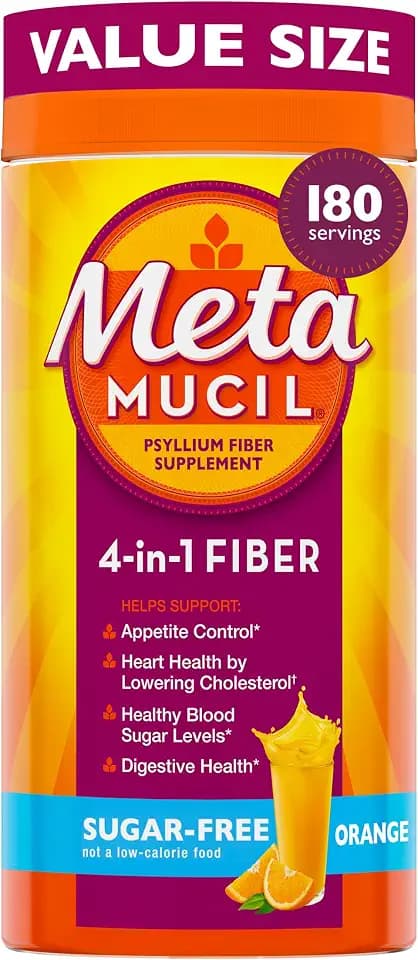 Metamucil 4-in-1 Psyllium Husk Fiber Supplement, Sugar-Free, 180 teaspoons, Orange Flavored, Daily Fiber Powder for Digestive Health, made with Plant-Based Psyllium Husk Fiber