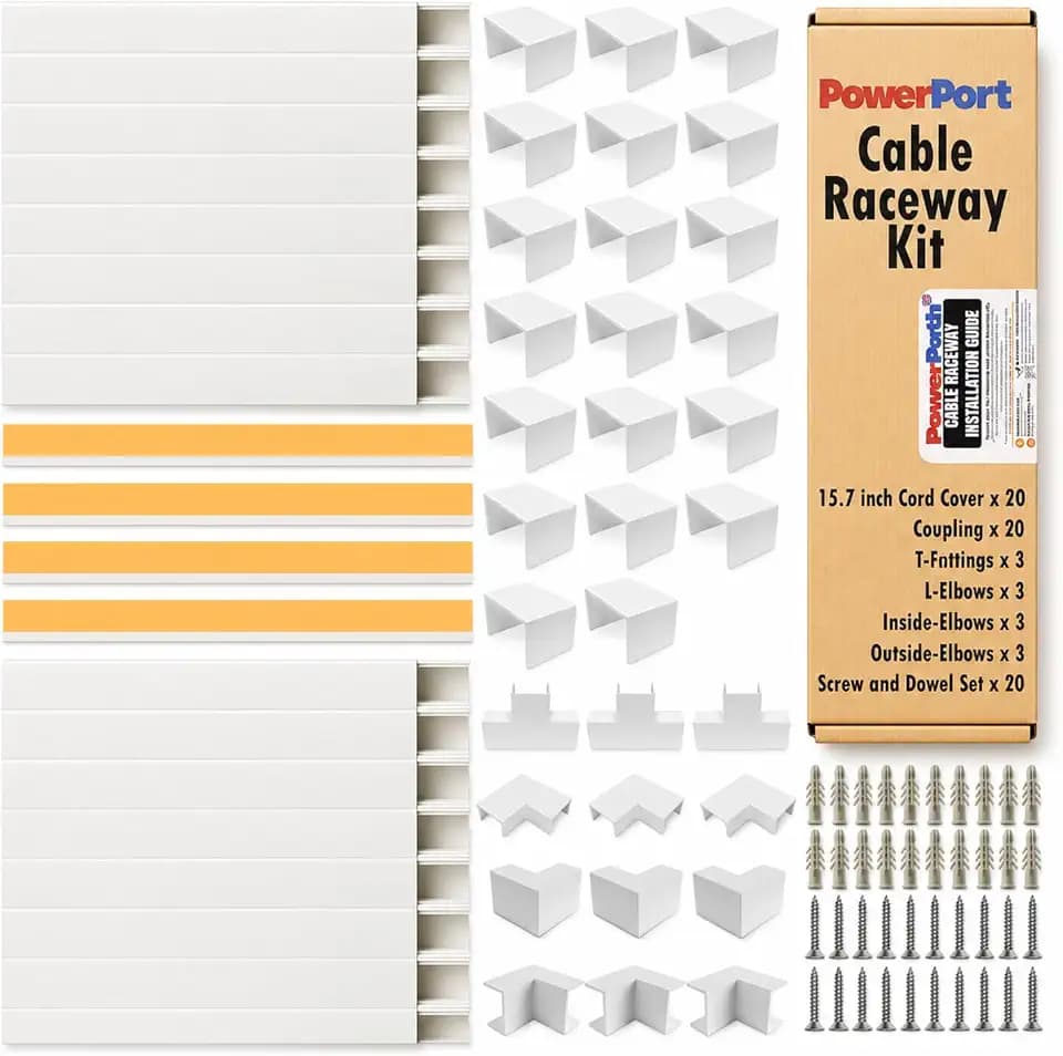 Cord Hider Wall 315in, 20 Pack Paintable Raceway, 32 Connectors