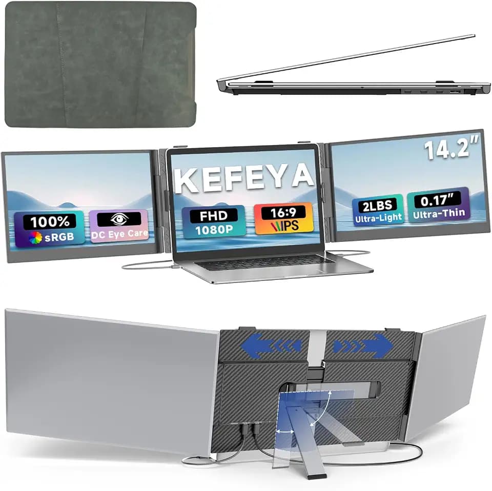 KEFEYA Laptop Screen Extender 14.2", 2.2 LB Lightest 0.16" Ultra-Thin, 1080P FHD Portable Monitor for Laptop 13-17.3", Eyes Care HDR Monitor, USB-C HDMI Plug-Play for Mac Windows PS Switch Work Travel