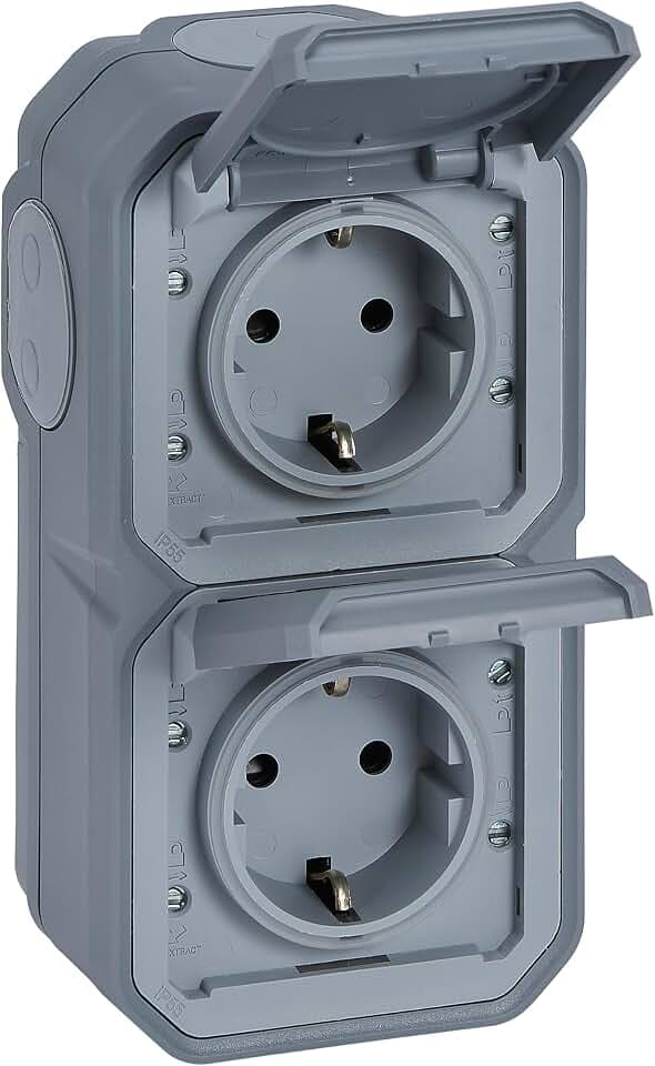 LEGRAND, Plexo New Feuchtraum-Steckdose, 2-fach, Schuko-Standard, inklusive Klappdeckel, Berührungsschutz, Steckklemmen, vorverdrahtet, vertikal, IP44 - IK07, Farbe: Grau, 069744L