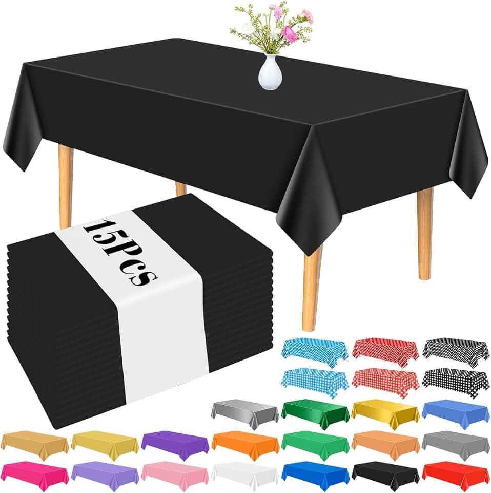PLULON 15 Stück Schwarze Tischdecke aus Kunststoff, 137 x 274 cm, rechteckige Tischdecke für Abschluss Geburtstag, Halloween, Party, Zuhause, Küche, Esstischdekorationen