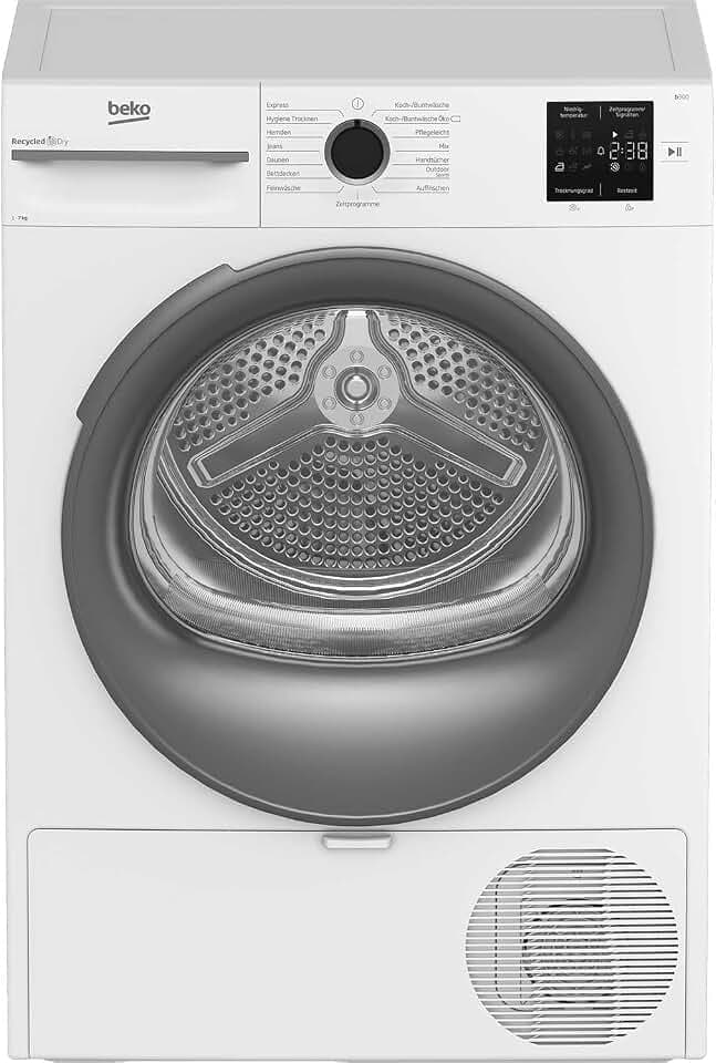 Beko BM3T37210W1 Wäschetrockner, 7 kg, Frontlader Wärmepumpentrockner, 15 Programme, Sensortrocknung, Säulenfähig, Aquawave Schontrommel, Weiß