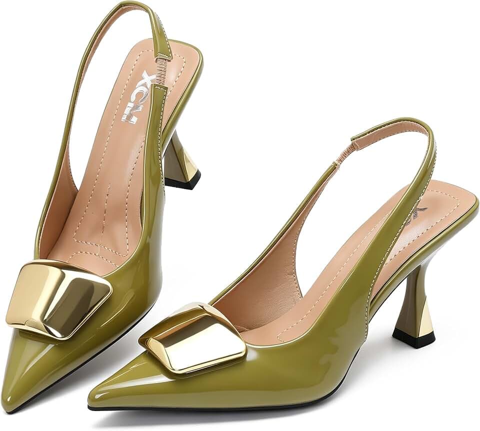 XCM Women's Closed Pointed Toe Slingback Heels Patent Leather Pumps