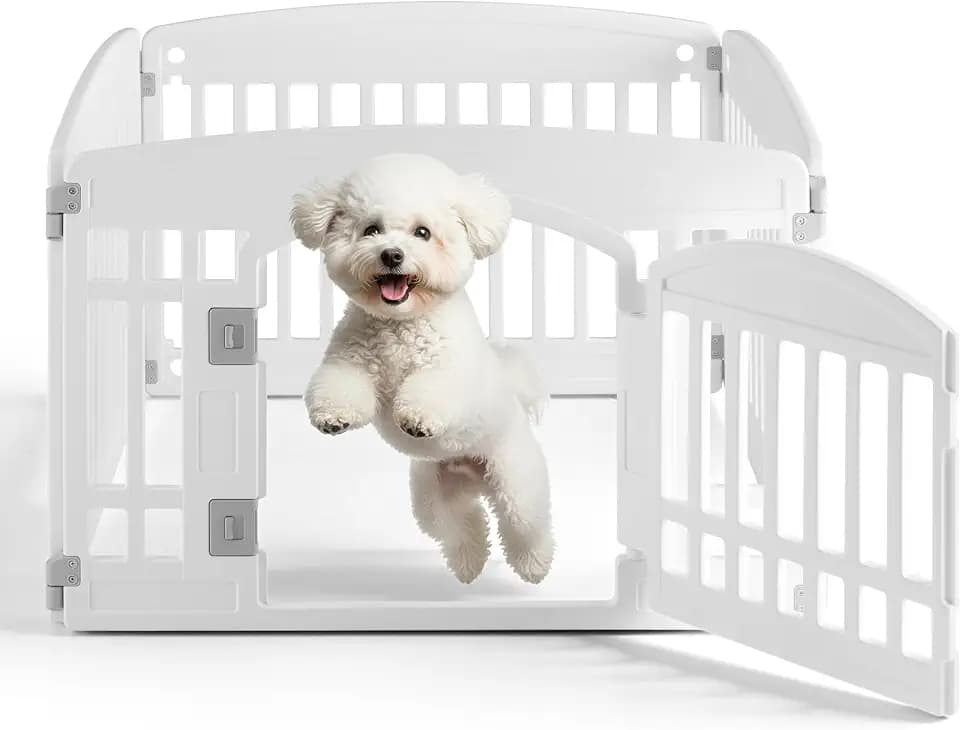 24" Plastic Dog Playpen 4-Panel Durable Pet Playpen for Puppies & Small/Medium Dogs, Portable & Foldable Pet Fence with Secure Locking Door, White