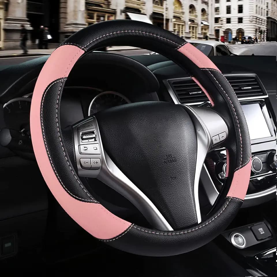Leather Car Steering Wheel Cover, Universal Fit for Most Cars, Pink