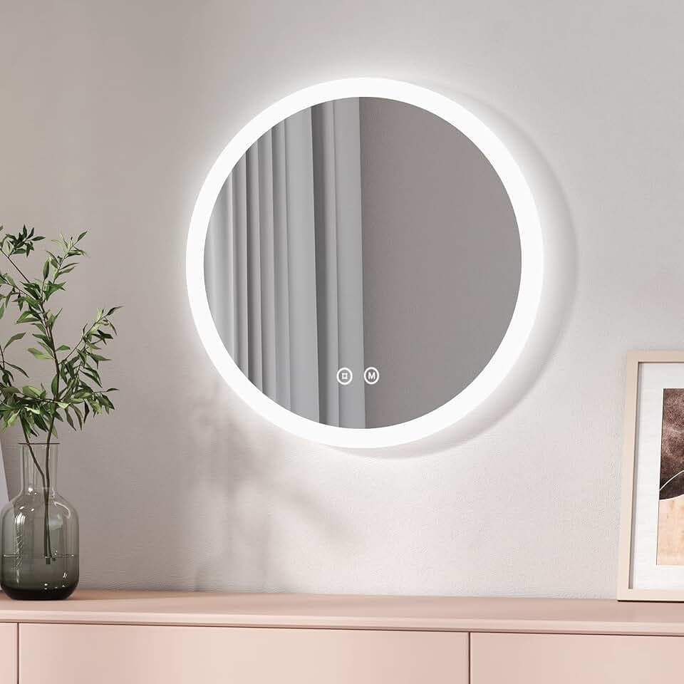 EMKE Badezimmerspiegel, LED, rund, 50 cm, mit Touch-Schalter + 3 Arten von Leuchten, warmweiß/kaltweiß/neutral