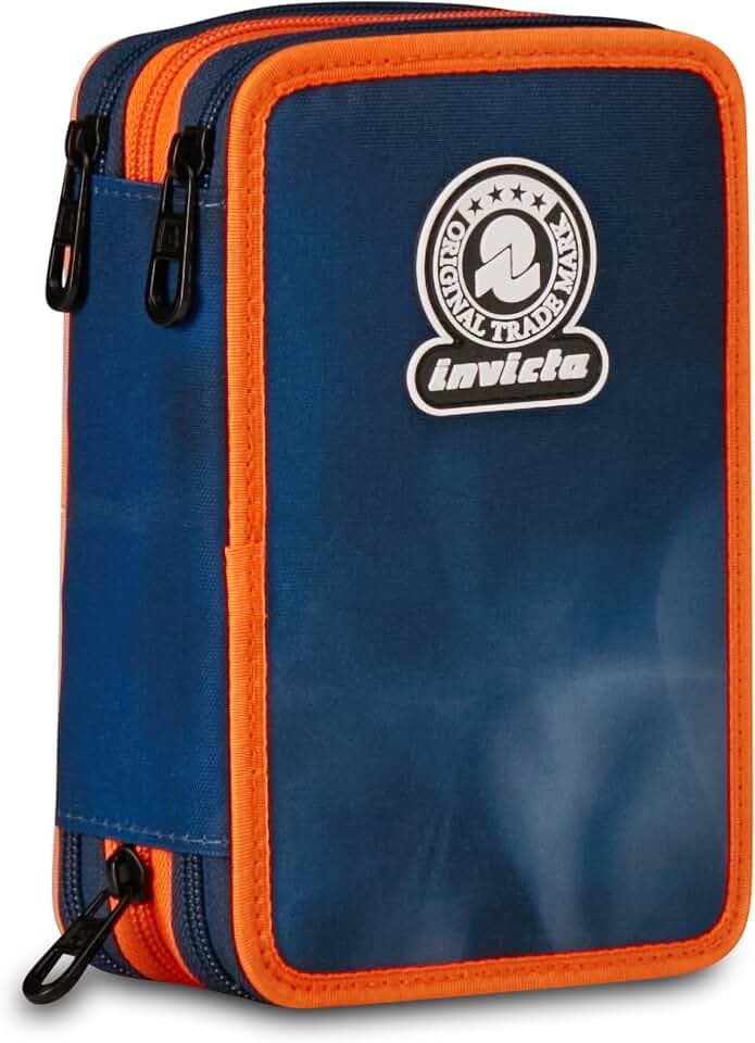 Invicta gefülltes Mäppchen, mit 3 Fächern, Federtasche komplett mit Bleistiften, Filzstiften, Zubehör, Etui für Schreibwaren, Schulmaterial, Schule und Freizeit, Mädchen und Jungen, blau/orange