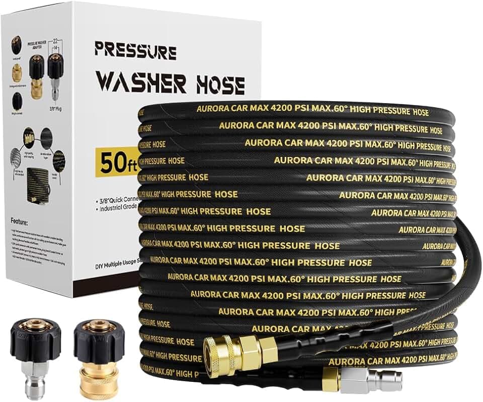 AURORA CAR Pressure Washer Hose 50FT, 3/8 Inch QC, Steel Wire Braided