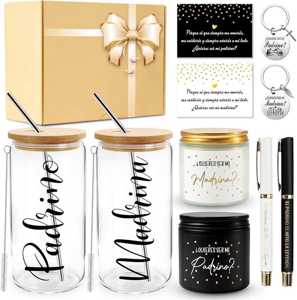 11 Pcs Godparents Proposal Gift, Will You Be My Godparents from Godchild with 16 Oz Madrina Padrino Glass Cup, Pen, Keychain, Greeting Card, Baptism, Christmas Gift for Godparents
