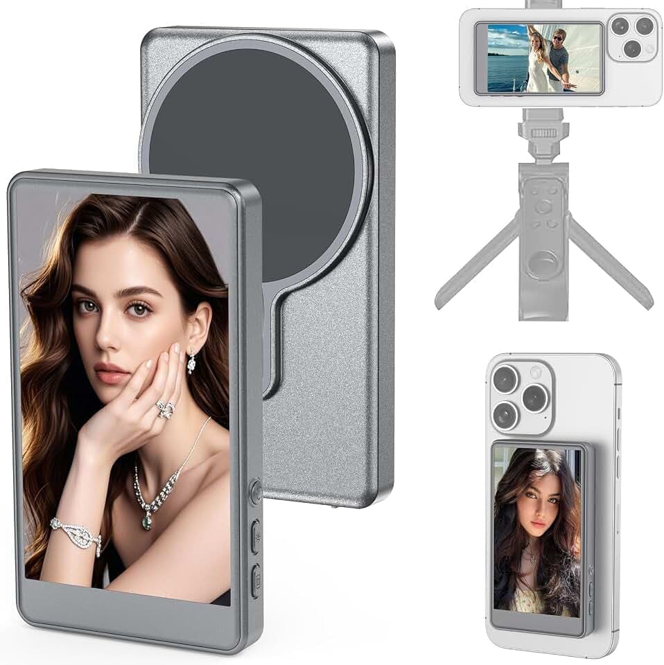 Wireless Selfie Screen for iPhone(Not Support iPhone 17), Rear Back Camera Monitor for Selfie Vlog Live Stream,Magnetic Mount Connection (Grey, 4 inch)