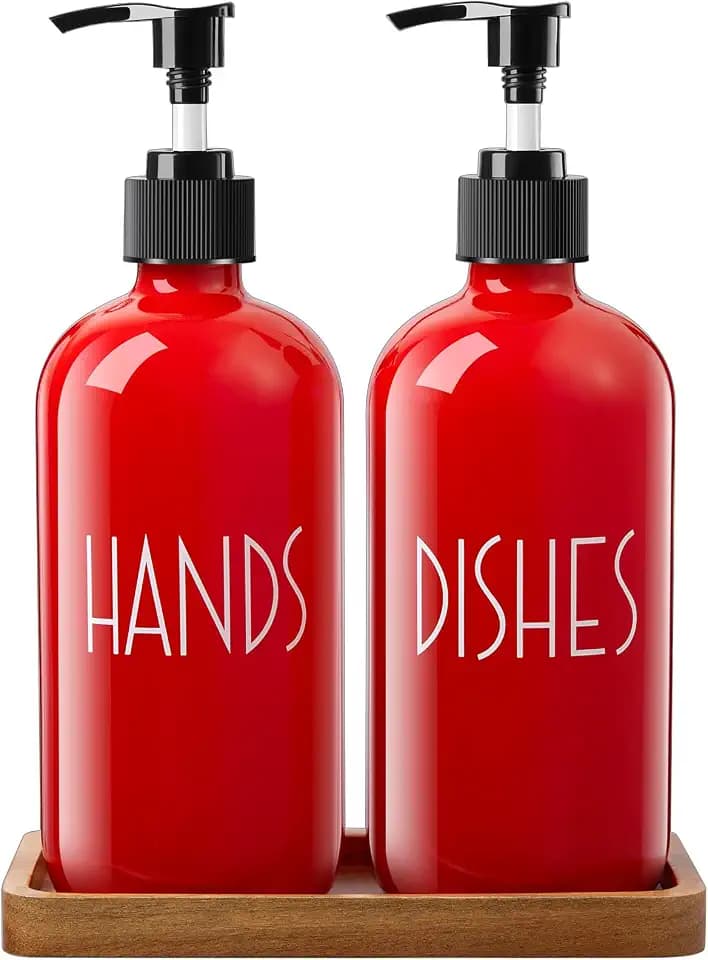 ALELION Dish Soap Dispenser for Kitchen - 16 OZ Glass Hand Soap Dispenser Set with Acacia Wood Tray - Red Kitchen Bathroom Decor and Accessories