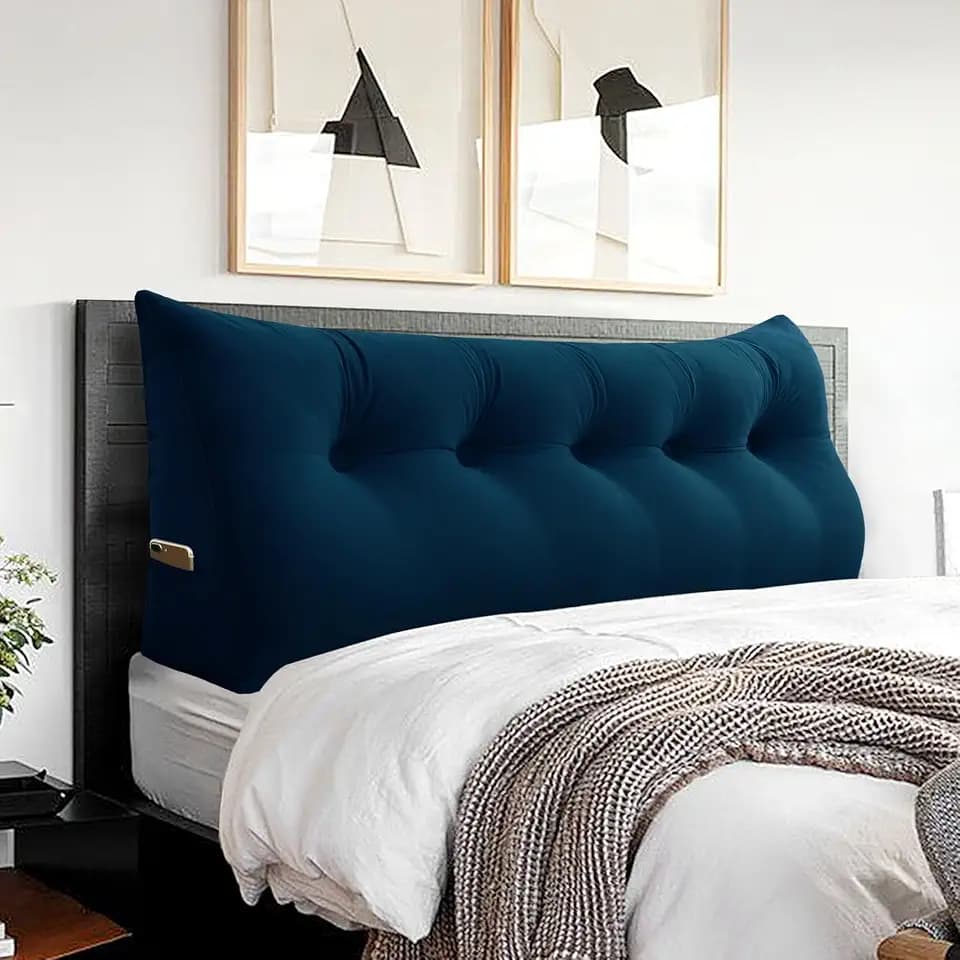 Kopfende Großes Rückenkissen Bequemes Lesekissen und Rückenteil im Bett Rückenlehne Kopfkissen Langes XXL Kissen für Sofa, Couch, Wandkissen Polster Samt Dunkel Blau 160cm