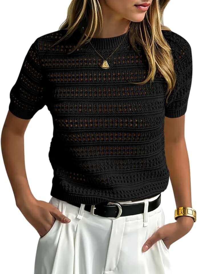 Saodimallsu Womens Short Sleeve Crochet Sweaters Summer Boho Pullover Tops