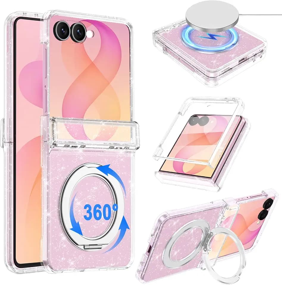 Casetego for Galaxy Z Flip 8 Case Magnetic,[Compatible with MagSafe][Built-in Screen Protector][Kickstand][Hinge Protection] Slim Shockproof Cute Women Girl Case for Samsung Z Flip 8,Hot Glitter
