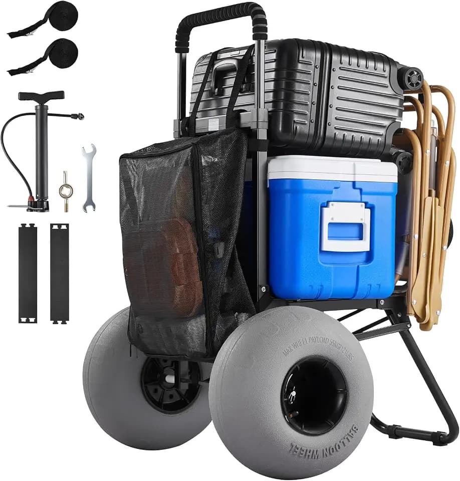 VEVOR Beach Dolly with Big Wheels for Sand, 18" x 15" Cargo Deck, Folding Sand Cart with 12" Balloon Wheels, 165 lbs Loading Capacity & 34" to 45" Adjustable Height, Heavy Duty Cart for Beach Camping