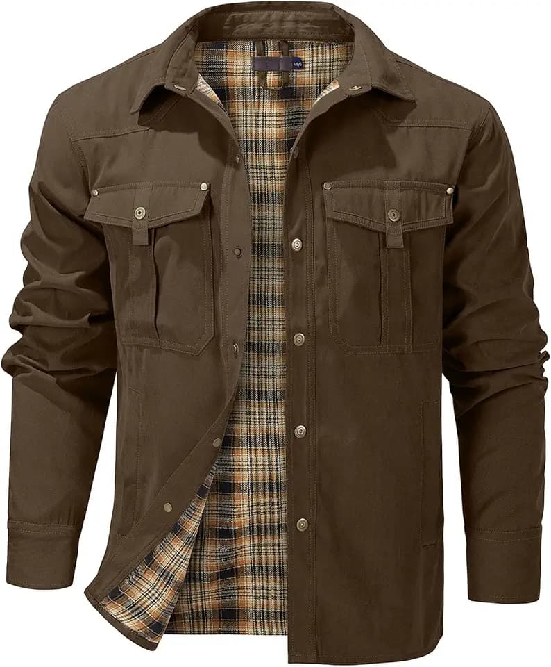 Flygo Mens Flannel Lined Shirt Jacket Snap Button Western Cowboy Jacket
