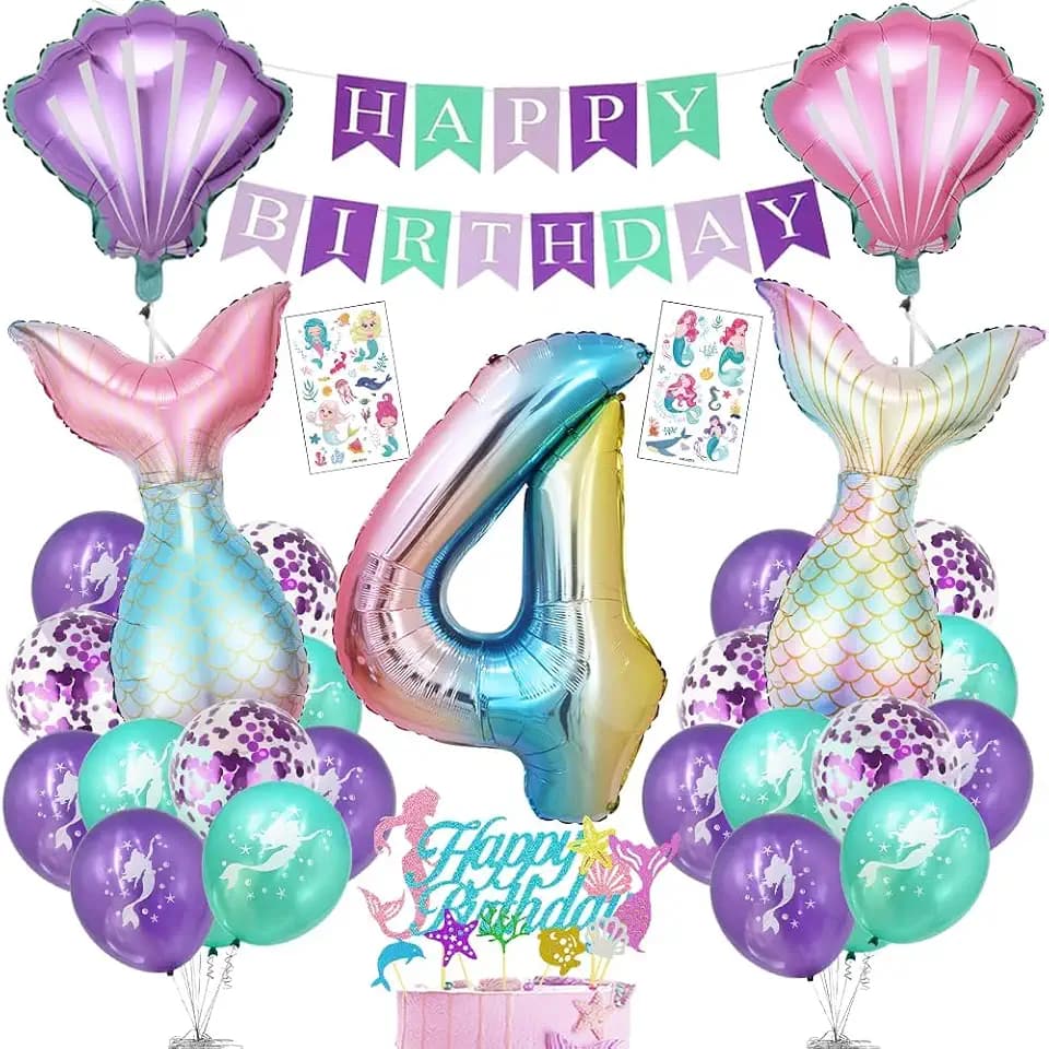Cadimus Meerjungfrau Geburtstag Deko 4 Jahre, Meerjungfrau Deko Kindergeburtstag, Geburtstagsdeko Mädchen 4 Jahre, Folienballon Meerjungfrauen 4 mit Happy Birthday Banner für Meerjungfrauen Party