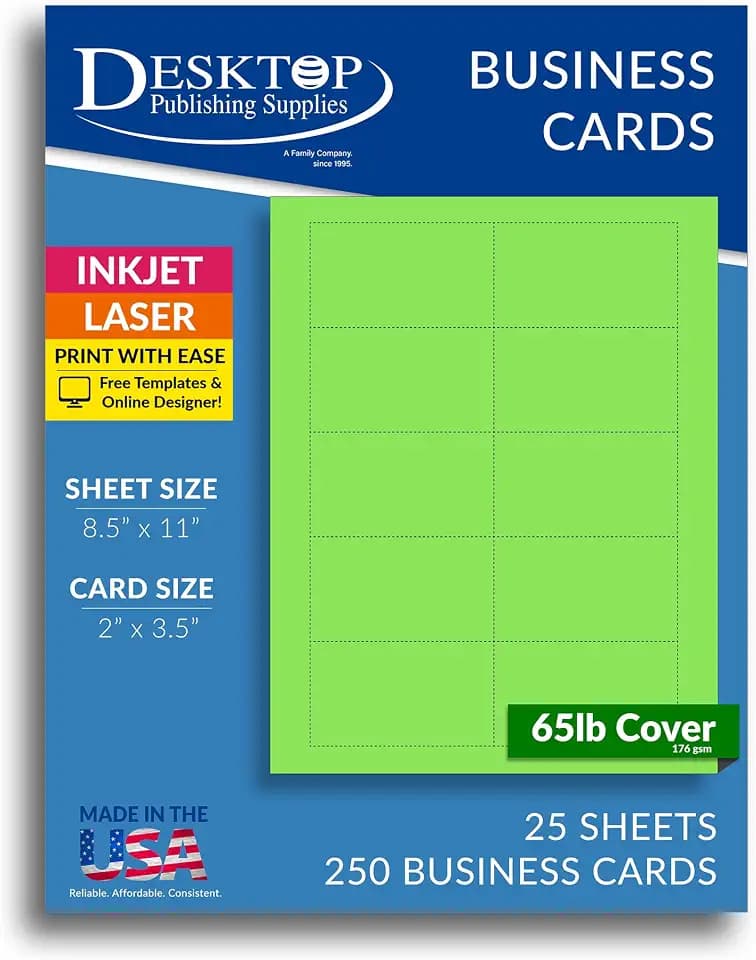 250 Bright Green Business Cards 3.5" x 2" - Printable Colored Blank Business Card Paper Sheets, Micro Perforated Cardstock Business Cards 65lb Cover(176gsm) for Inkjet Laser Printers, 10UP - 25 Sheets