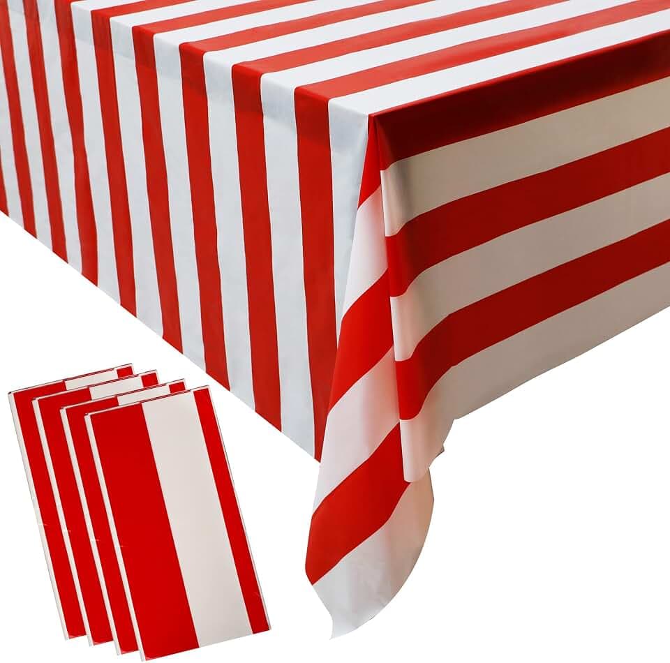 peony man 4 Pieces Red and White Striped Tablecloth Plastic Stripe Table Cover Carnival Circus Tablecloths Waterproof Rectangle Tablecloth for Holiday Party Picnic Decoration, 54" x 107"