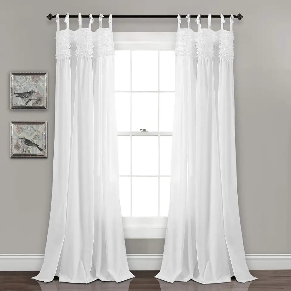 Lush Decor Lydia Ruffle Light Filtering Window Curtain Panels Pair 40" W x 84" L White - White Curtains for Bedroom - Coquette Living Room Curtains