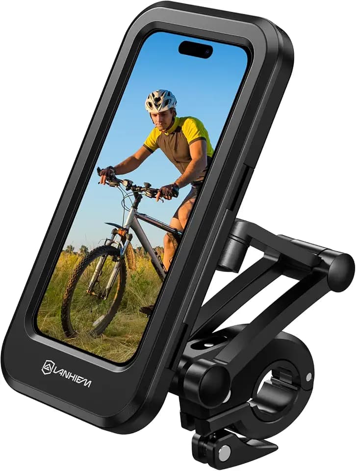 Lanhiem Motorrad Handyhalterung Hülle, Universelle wasserdichte Fahrrad Handy Halterung 360° Drehbare Höhenverstellbar Touch Screen für iPhone Samsung Huawei 4,7" bis 6,8" Smartphones, Schwarz