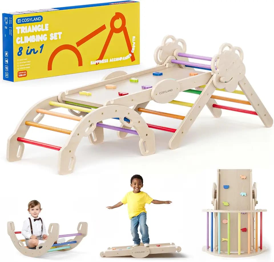 COSYLAND 8-in-1 Klettergerüst Indoor, Kletterdreieck mit Bogen Und Rutsche