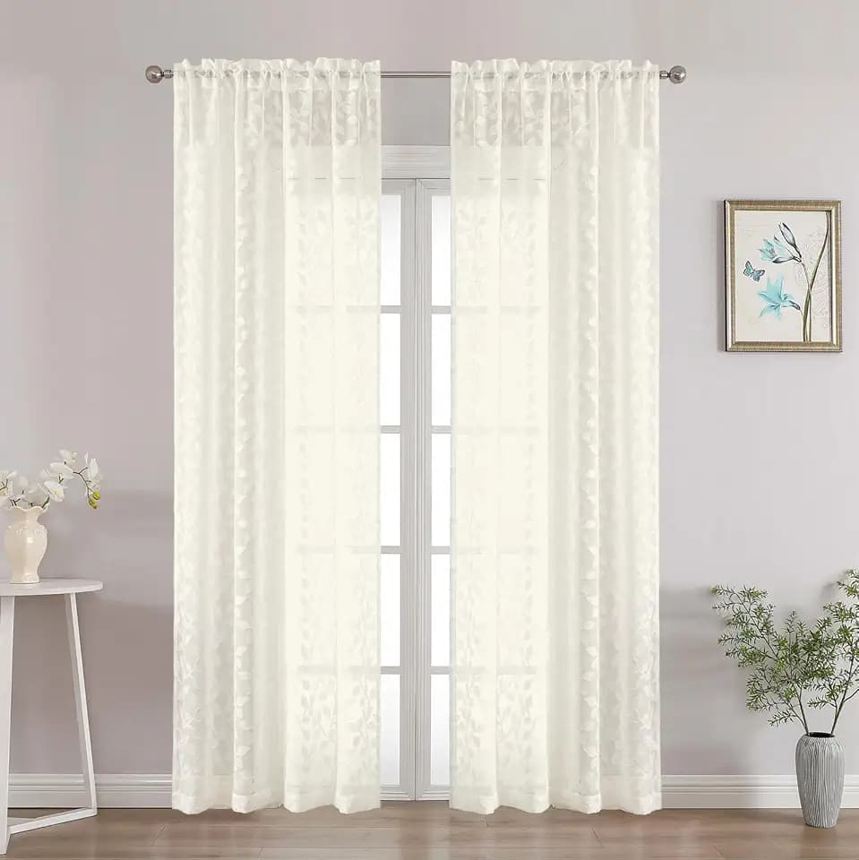 Chyhomenyc Ivory Sheer Curtains 84 Inch Length 2 Panels Set, Light Filtering Tufted Textured Soft Airy Rod Pocket Gentle Leaf Window Treatment Drapes for Bedroom Living Room, 42" Wx84 L, 2PCS