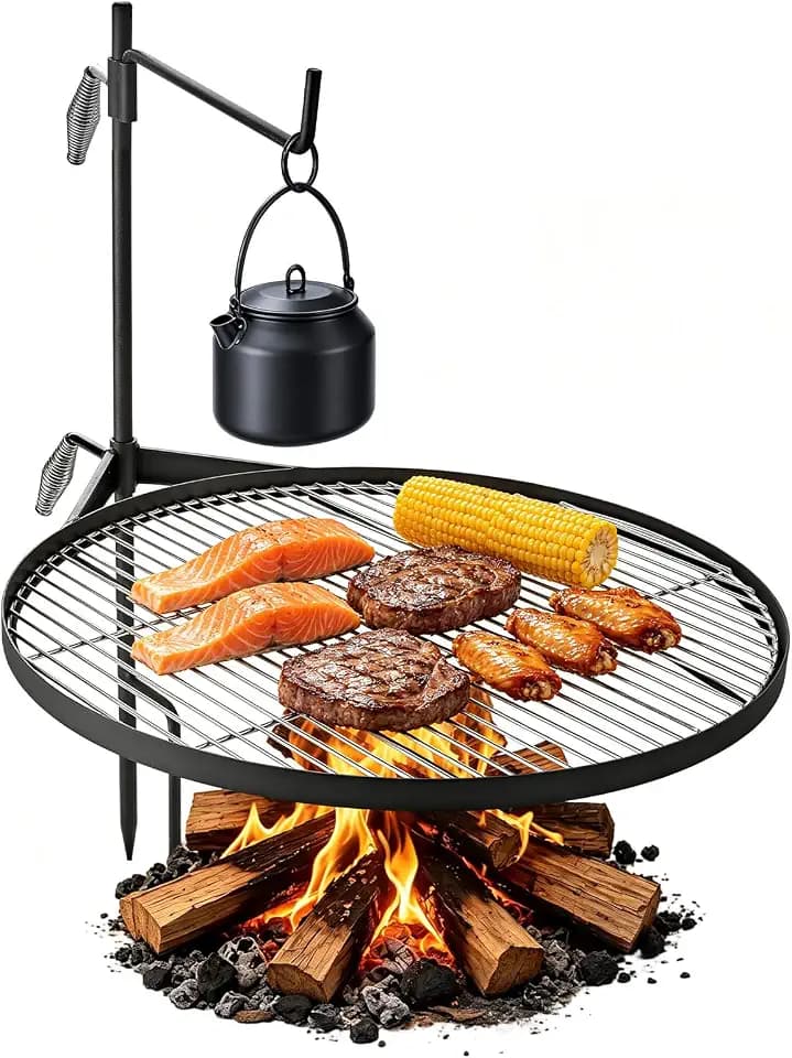 VEVOR Heavy Duty Swivel Campfire Grill, 24.4" Round Portable Camping Grill Grate, Sturdy Steel BBQ Mesh, 360° Height Adjustable Over Fire Pit with Support Rod, for Outdoor Open Flame Cooking, Black