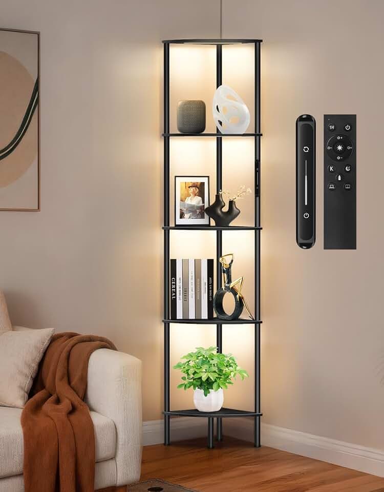 LED Stehlampe mit Regal, 3 Farbtemperaturen, Dimmbar mit Touch & Fernbedienung, Eckregal mit 5 Ebenen und Beleuchtung, Schmales Bücherregal für Wohnzimmer, Schlafzimmer, Büro(Schwarz)